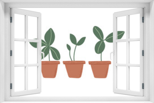 Fototapeta Naklejka Na Ścianę Okno 3D - Pots with sprouts. Set of simple plants with green leaves in brown pots. Green sprouts growing out from soil. Hand drawn vector illustration.