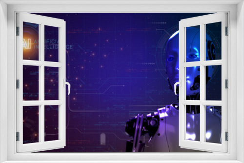 Fototapeta Naklejka Na Ścianę Okno 3D - Robot with AI icon on virtual background provide access information. Artificial intelligence digital chat bot, machine learning, big data, cloud computing, computer network and innovation technology.