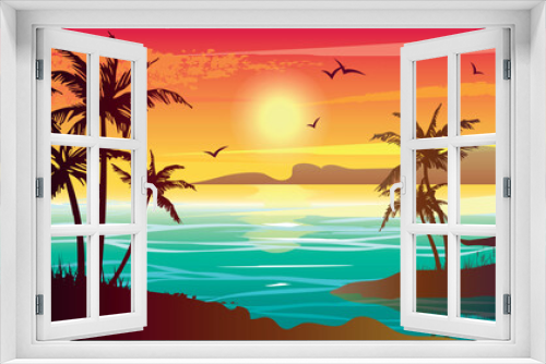 Fototapeta Naklejka Na Ścianę Okno 3D - Tropical landscape with sea, sunset and palm trees. Abstract landscape. Tropical paradise island.