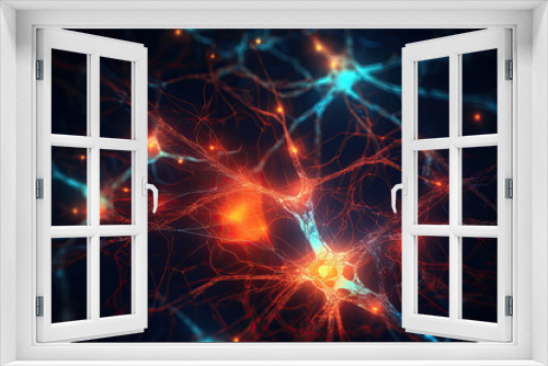 Conceptual illustration of neuron cells with glowing link knots. Blue orange Neurons in brain on with focus effect. Synapse and Neuron cells sending electrical chemical signals, generative AI