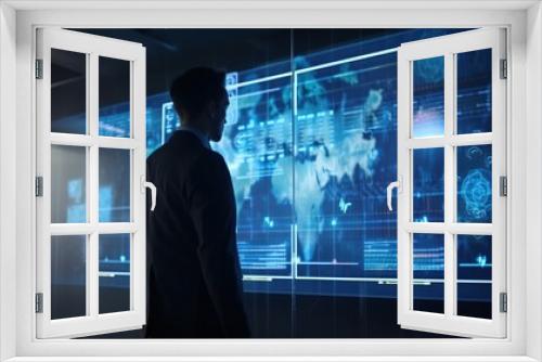 Back view silhouette of modern businessman interacting with futuristic touch screen panel. Cyberspace with lots of data. Digital hologram ui. Sci-fi blue background. AI generative image.