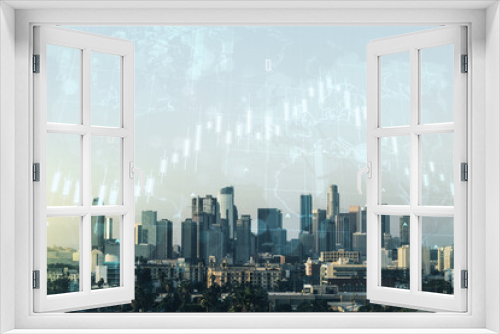Fototapeta Naklejka Na Ścianę Okno 3D - Double exposure of abstract creative financial chart hologram and world map on Los Angeles city skyscrapers background, research and strategy concept
