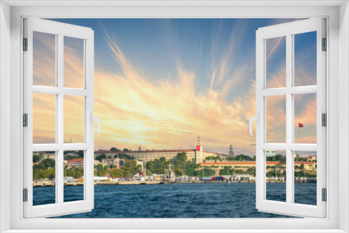 Fototapeta Naklejka Na Ścianę Okno 3D - View of Istanbul Selimiye Barracks, Bosphorus and Istanbul cityscape. Selimiye Barracks is a historical structure. Panoramic shot, blue sky background.