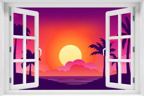 Fototapeta Naklejka Na Ścianę Okno 3D - Tropical palm trees at sunset, on the ocean, beautiful landscape, sky interesting vector illustration background
