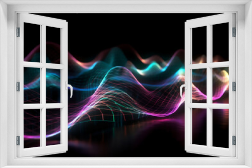 sound waves music illustration, in the style of light painting, neon colorful curves, long exposure, light magenta and dark indigo, light amber and cyan, 3d. Created using AI.