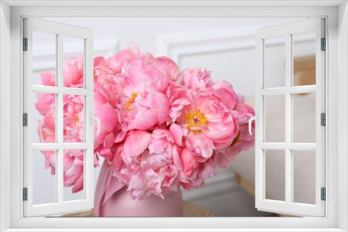 Fototapeta Naklejka Na Ścianę Okno 3D - Beautiful bouquet of pink peonies in vase on wooden table indoors, closeup