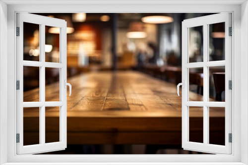 Blurred background of a cafe or restaurant features an empty wooden table - ai