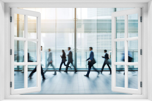 Multiple exposure rush of busy people against the backdrop of the interior of office buildings. Generative AI