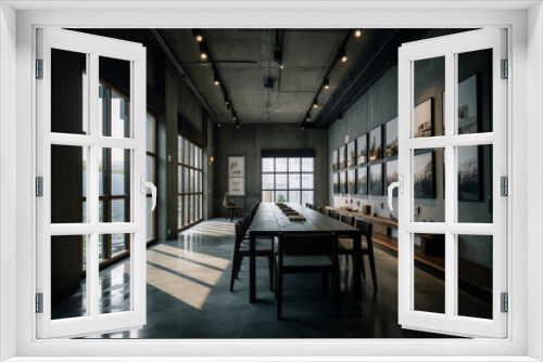 Minimalist Dinning room.RUSTIC style. Centered perspective. Interior Design