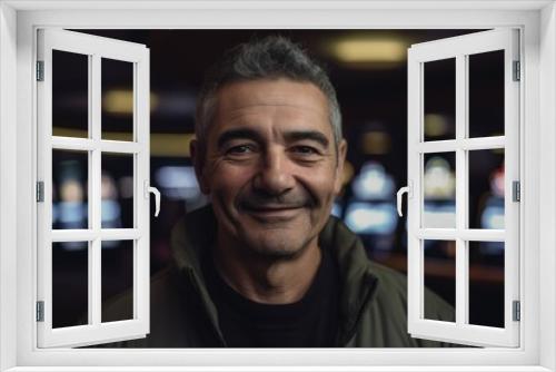 Portrait of smiling mature man in casino, shallow depth of field