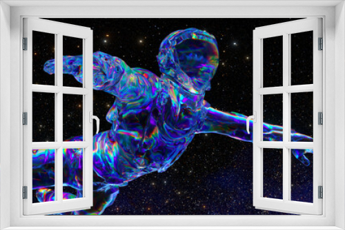 Fototapeta Naklejka Na Ścianę Okno 3D - Space concept. An astronaut in a diamond suit floats against the backdrop of the starry sky. Blue neon.