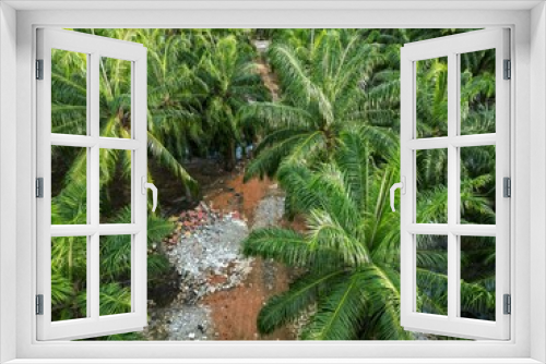 Fototapeta Naklejka Na Ścianę Okno 3D - High angle shot of illegal rubbish dump in an oil palm farm