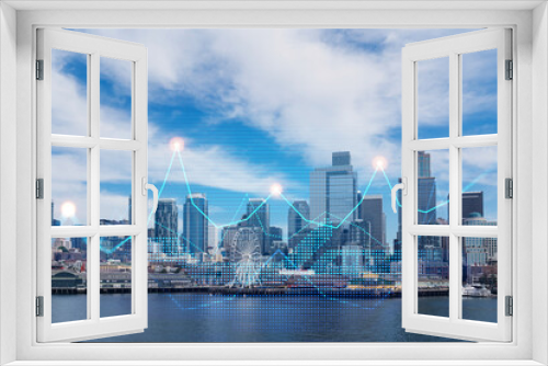 Fototapeta Naklejka Na Ścianę Okno 3D - Skyscrapers Cityscape Downtown View, Seattle Skyline Buildings. Beautiful Real Estate. Day time. Forex Financial graph and chart hologram. Business education concept.