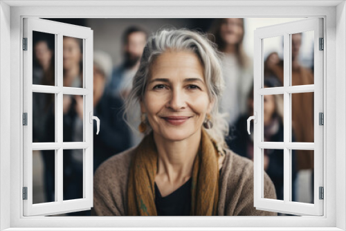 beautiful woman life coach in a humanitarian and philanthropic setting, wearing casual and comfortable clothes, surrounded by people of different ages and backgrounds, generative ai