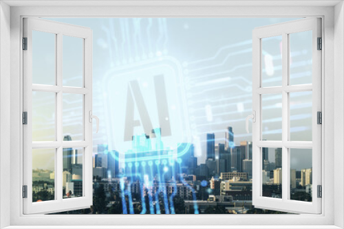 Fototapeta Naklejka Na Ścianę Okno 3D - Double exposure of creative artificial Intelligence icon on Los Angeles city skyscrapers background. Neural networks and machine learning concept