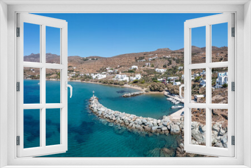 Fototapeta Naklejka Na Ścianę Okno 3D - Tinos island, Cyclades Greece. Aerial drone view of Agios Romanos village, blue sea, bay, port.