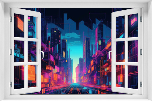 Nighttime lighting city road. Neon cyberpunk background. Futuristic radiance. Generative AI.