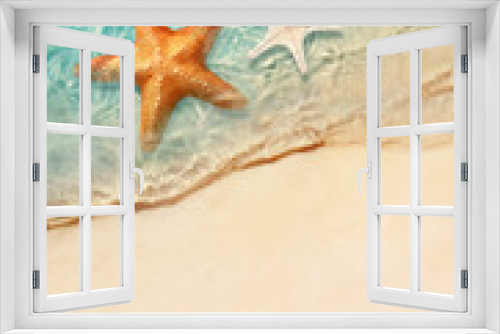 Fototapeta Naklejka Na Ścianę Okno 3D - Starfish on the sand beach in clear sea water. Summer background. Summer time .Copy space. Relaxing on the beach.