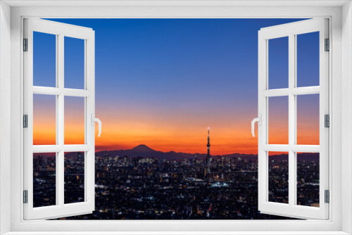 Fototapeta Naklejka Na Ścianę Okno 3D - Cityscape of greater Tokyo area and Mount Fuji, Tokyo skytree at magic hour.
