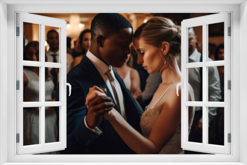 Interracial couple dancing at wedding, portrait. Generative AI