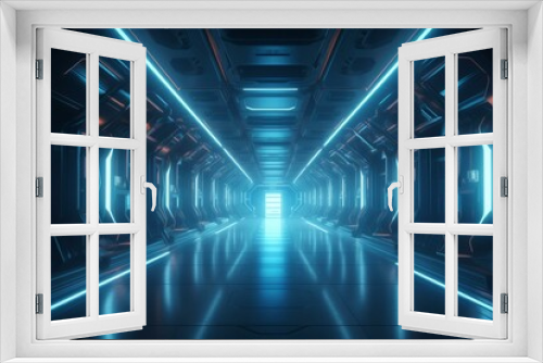 Sci Fi Futuristic Spaceship Warehouse Alien Tunnel Corridor Hangar Bunker Shelter Glossy Metal Panels Cyber Blue Neon Glowing Lights 3D Rendering. Generative AI