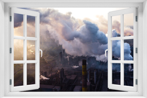 Fototapeta Naklejka Na Ścianę Okno 3D - industry metallurgical plant dawn smoke smog emissions bad ecology aerial photography