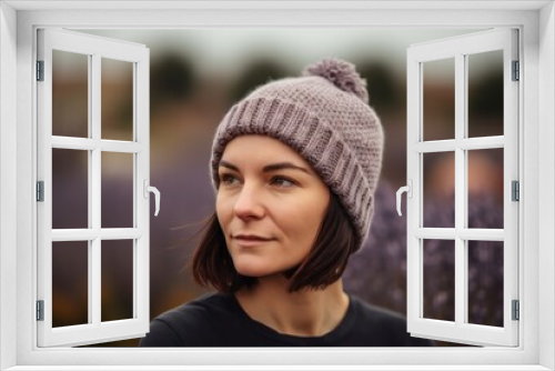 Portrait of a young woman in a knitted hat on a background of lavender.