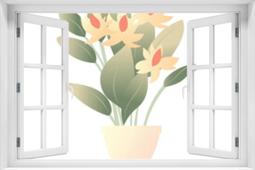 Fototapeta Naklejka Na Ścianę Okno 3D - Indoor plants flat color illustration. Realistic houseplant in beige pot on metal stands. Exotic flowers with stems and leaves. Isolated botanical design element