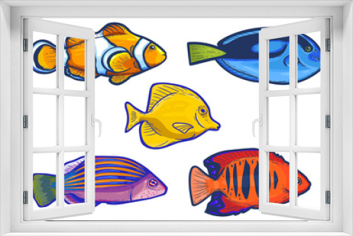 Fototapeta Naklejka Na Ścianę Okno 3D - Set of colorful marine fish sticker, vector illustration