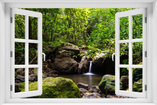 Fototapeta Naklejka Na Ścianę Okno 3D - Couleuvre river panorama in the tropical rain forest of Martinique island (France) in the Caribbean sea. Typical bright green vegetation and small cascade in impressive landscape. Long time exposure.