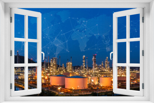 Fototapeta Naklejka Na Ścianę Okno 3D - Oil refinery at twilight and night with industrial physical system icon diagram Supports the concept of Industry 4.0 technology..