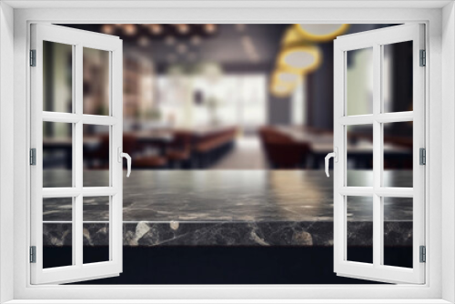 restaurant and kitchen interior with blurred background with empty marble table with free space for product display and mockup, copy space, small depth of field, ai generated – human enhanced