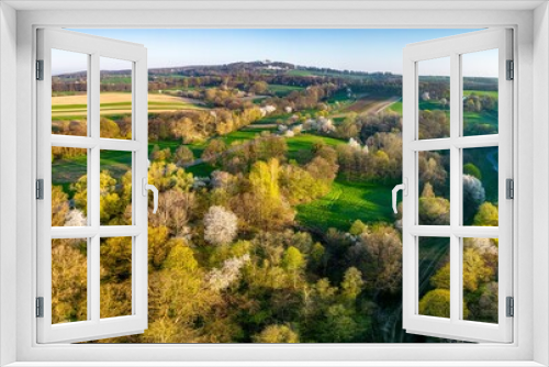 Fototapeta Naklejka Na Ścianę Okno 3D - wiosenne pejzaż wiejski z kwitnącymi drzewami owocowymi i zielonymi polami w Europie