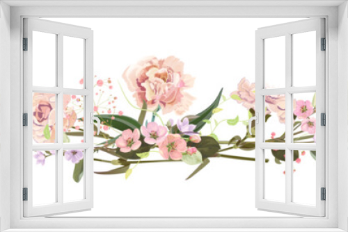Fototapeta Naklejka Na Ścianę Okno 3D - Panoramic view: bouquet of carnation and spring blossom. Horizontal border: light flowers, buds, leaves on white background. Realistic digital illustration in watercolor style, vintage, vector