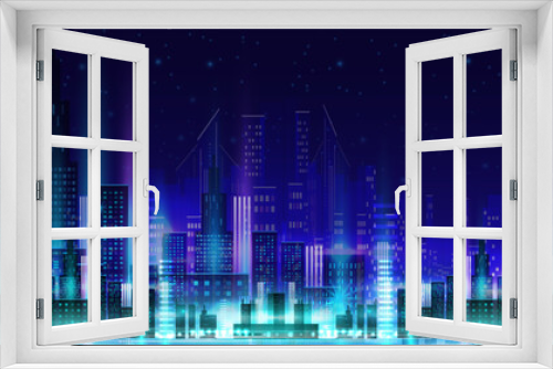 Night city concept background image with colorful neon lights, architecture. metropolitan skyscraper