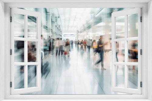 People traveling, walking through airport, motion blur, wide shot. Generative AI