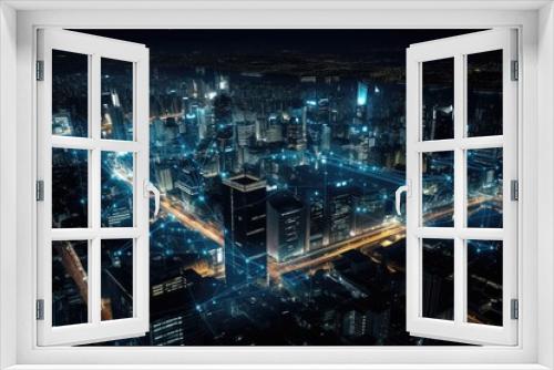 Aerial view of futuristic city at night, generative AI