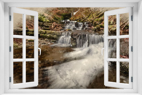 Fototapeta Naklejka Na Ścianę Okno 3D - Digital watercolour landscape painting of waterfall in Yokrshire Dales in England during Winter