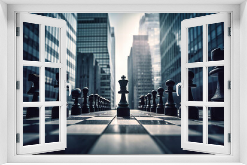 business chess king on the board standing in front of buildings