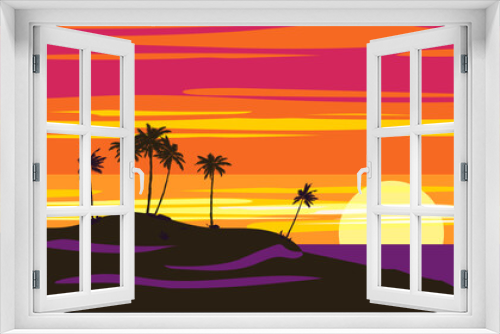 Fototapeta Naklejka Na Ścianę Okno 3D - Tropical sunset summer beach landscape. Exotic scene, palms silhouette, sundown, ocean, sea banner