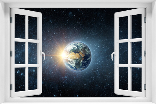 Fototapeta Naklejka Na Ścianę Okno 3D - Panoramic view of the Earth, sun, star and galaxy. Sunrise over planet Earth, view from space. Elements of this image furnished by NASA