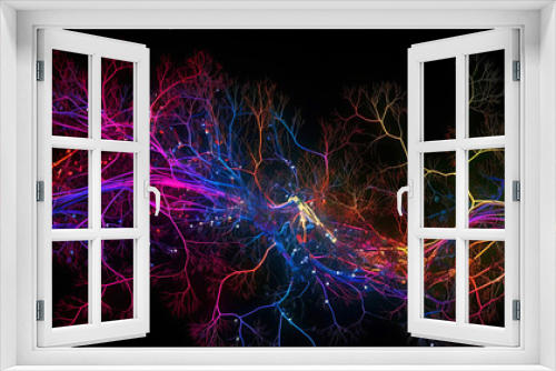 Neural cells with a light pulse on a dark background. Generative AI Illustration. Panoramic, horizontal background.