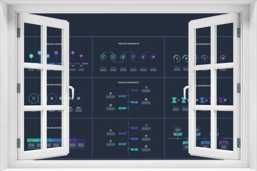 Set timeline dark infographics elements with 4, 5, 6, 7 options, template for web on a black background.