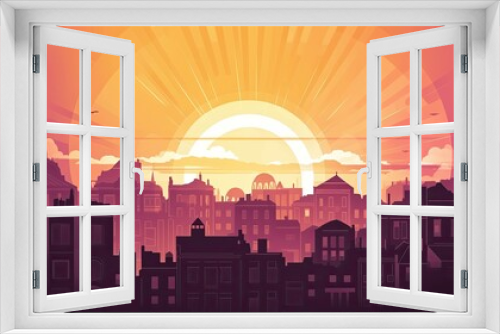 A cartoon illustration of a sun rising of a city - AI Generated