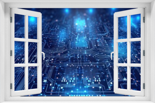 Circuit board background, blue light. Beautiful illustration picture. Generative AI