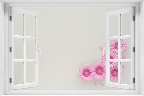 Fototapeta Naklejka Na Ścianę Okno 3D - Minimalist feminine floral background with pink gerbera flowers, space for text or product presentation, beauty, summer, Woman day, Mothers day concept.