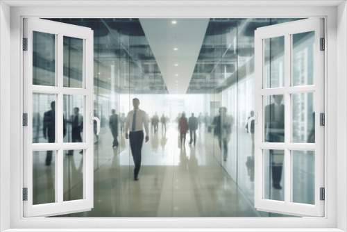 Blurred background of business people and activities inside an office building. The image captures the fast-paced and busy environment of the corporate world. Ai generated