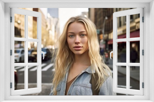 Portrait of young beautiful blonde woman with long hairs - Influencer posing for a fashion advertising campaign. Generative AI