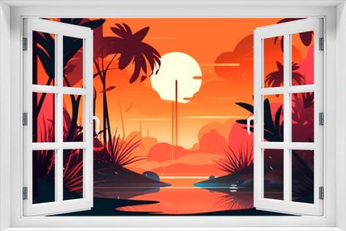 Fototapeta Naklejka Na Ścianę Okno 3D - Tropical beach with palm trees, sunrise and sunset sky. Romantic background.