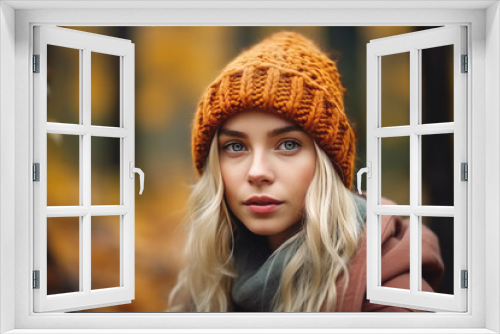 Portrait of a young beautiful woman with long blonde hair and knitted hat in autumn forest